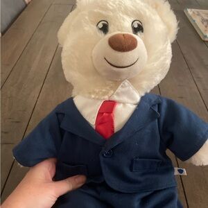 Build-A-Bear Cream Teddy in Blue Outfit with Red Tie